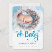 Oh Baby Turquoise Glitter Script Photo Boy Geboort Aankondiging (Voorkant)