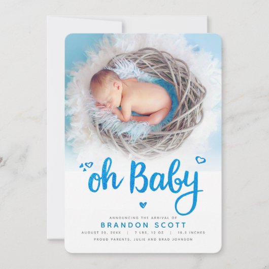 Oh Baby Turquoise Glitter Script Photo Boy Geboort Aankondiging (Voorkant)