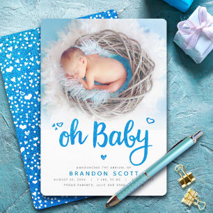 Oh Baby Turquoise Glitter Script Photo Boy Geboort Aankondiging