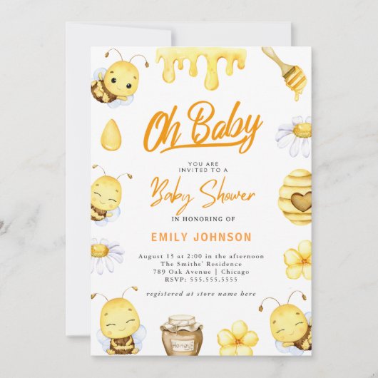 Oh Baby! Uitnodiging bijen Baby shower (Voorkant)