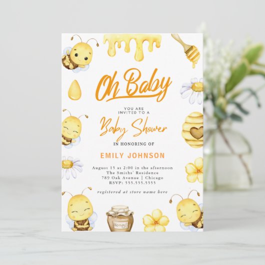 Oh Baby! Uitnodiging bijen Baby shower (Staand voorkant)