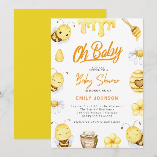 Oh Baby! Uitnodiging bijen Baby shower (Voorkant / Achterkant)