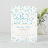 Oh Baby Uitnodiging Jongen Blauw Goud Glitters (Staand voorkant)