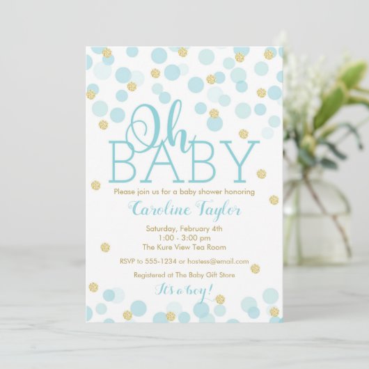 Oh Baby Uitnodiging Jongen Blauw Goud Glitters (Staand voorkant)