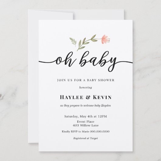 "Oh Baby" Uitnodiging voor Baby shower voor kallig (Voorkant)