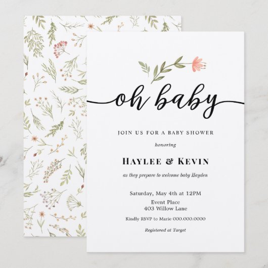 "Oh Baby" Uitnodiging voor Baby shower voor kallig (Voorkant / Achterkant)