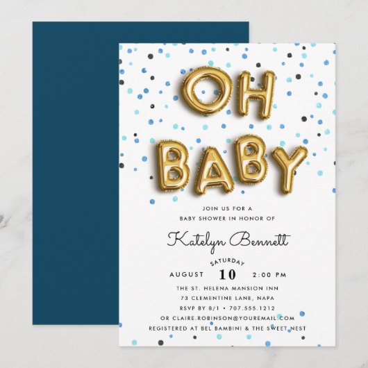 Oh Baby | Uitnodiging voor Navy & Gold Baby shower (Voorkant / Achterkant)