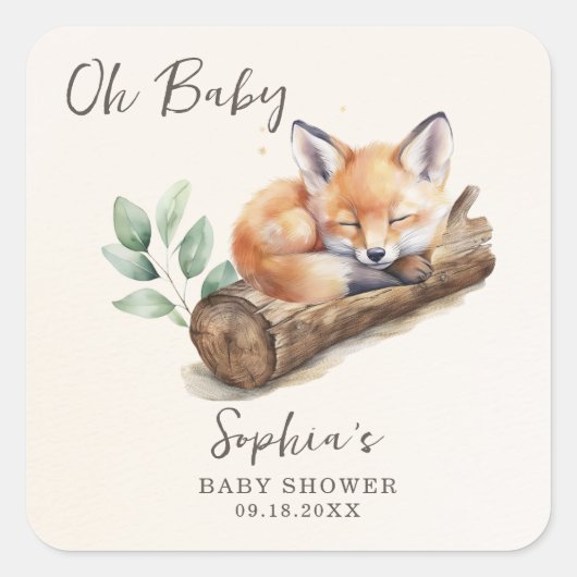Oh Baby Warm Beige Woodland Fox Baby Shower Vierkante Sticker (Voorkant)