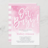 Oh Baby Waterverf Baby shower Uitnodiging Roze (Voorkant / Achterkant)