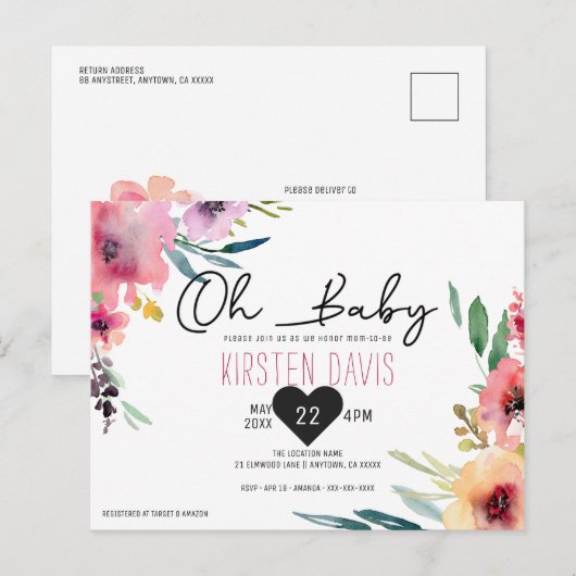 Oh Baby Waterverf Bloemen Meisje Baby shower Briefkaart (Voorkant / Achterkant)