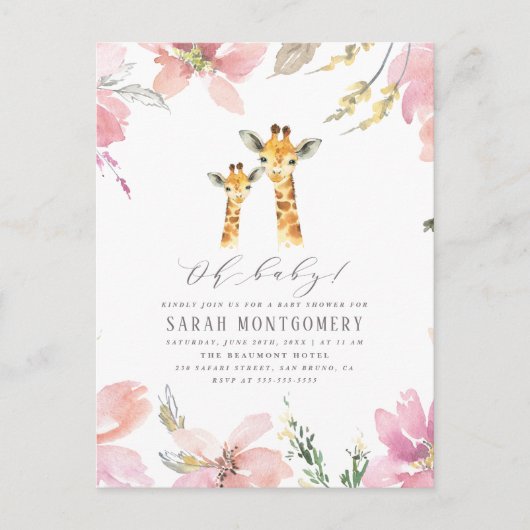 Oh Baby Waterverf Floral Giraffe Baby shower Uitnodiging Briefkaart (Voorkant)