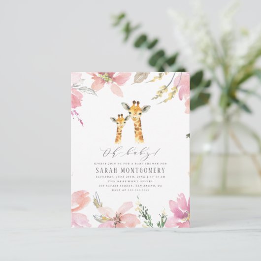 Oh Baby Waterverf Floral Giraffe Baby shower Uitnodiging Briefkaart (Staand voorkant)