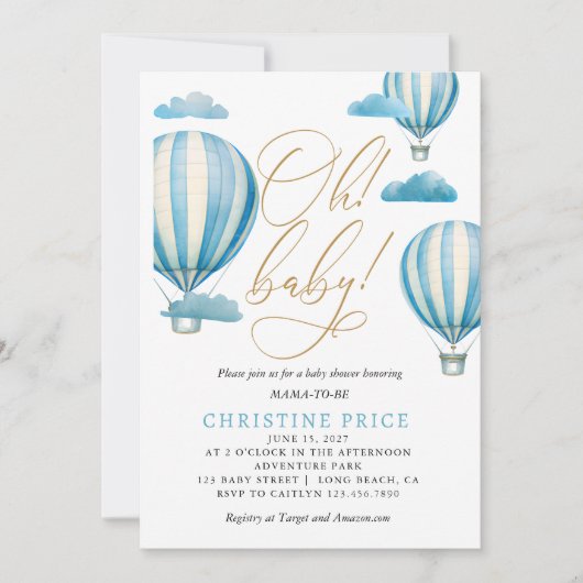 Oh Baby Waterverf Hot Air Luchtballons Baby shower Kaart (Voorkant)