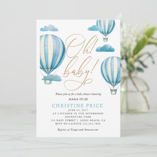 Oh Baby Waterverf Hot Air Luchtballons Baby shower Kaart (Staand voorkant)