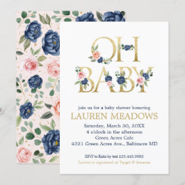 Oh Baby Waterverf Navy & Coral Floral Baby shower Kaart