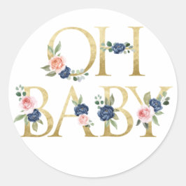 Oh Baby Waterverf Navy & Coral Floral Ronde Sticker