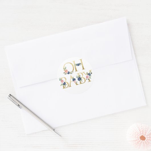 Oh Baby Waterverf Navy & Coral Floral Ronde Sticker (Envelop)