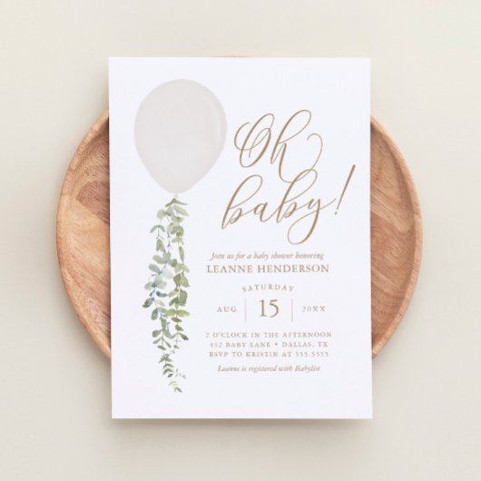 Oh Baby White ballon Eucalyptus Baby shower Kaart