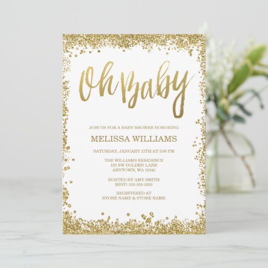 Oh Baby White Gold Glitter Baby shower Kaart (Staand voorkant)