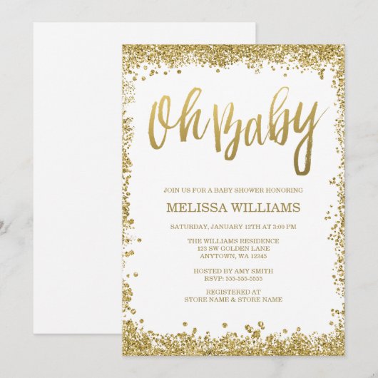 Oh Baby White Gold Glitter Baby shower Kaart (Voorkant / Achterkant)