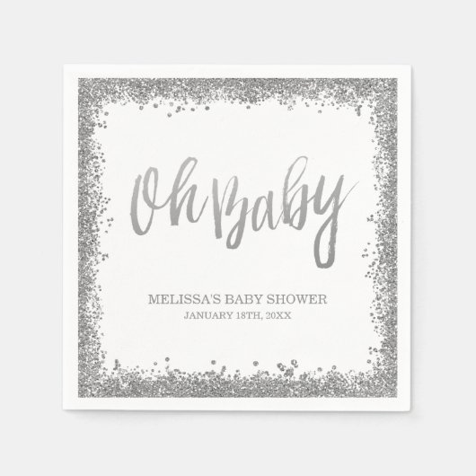 Oh Baby White Silver Faux Glitter Baby shower Servet (Voorkant)