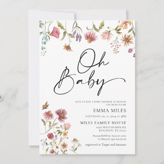 Oh Baby Wildflower Theme Baby shower Uitnodiging (Voorkant)