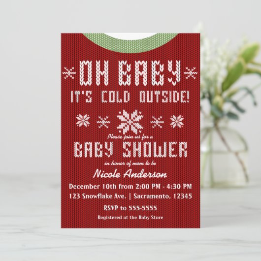 OH BABY Winter Baby shower gebreide trui rood groe Kaart (Staand voorkant)