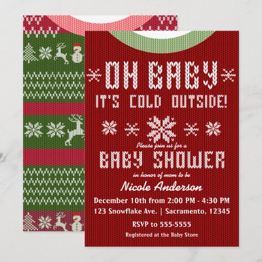 OH BABY Winter Baby shower gebreide trui rood groe Kaart (Voorkant / Achterkant)