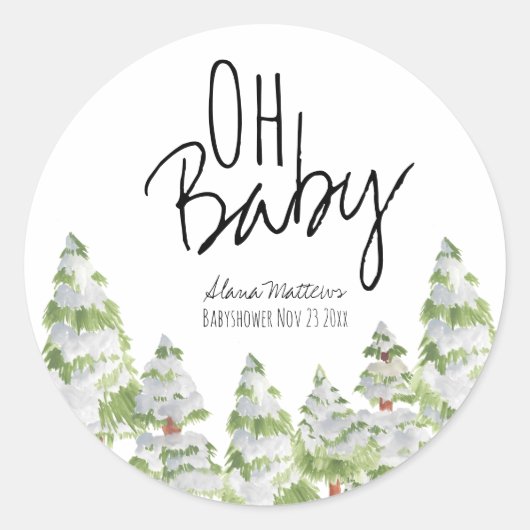 Oh baby winter bos babyshower cadeau sticker (Voorkant)