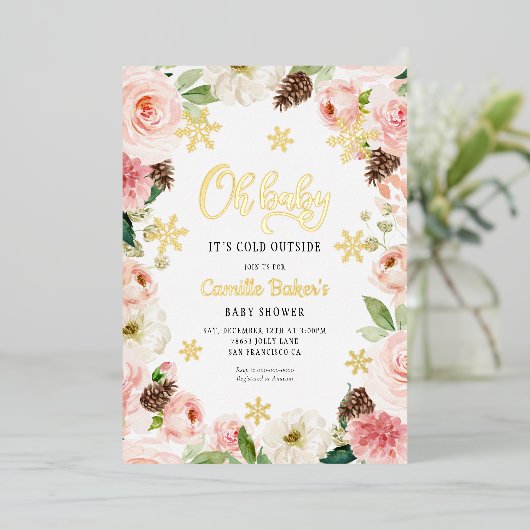Oh Baby Winter Girl Baby Shower Folie Uitnodiging (Staand Voorkant)