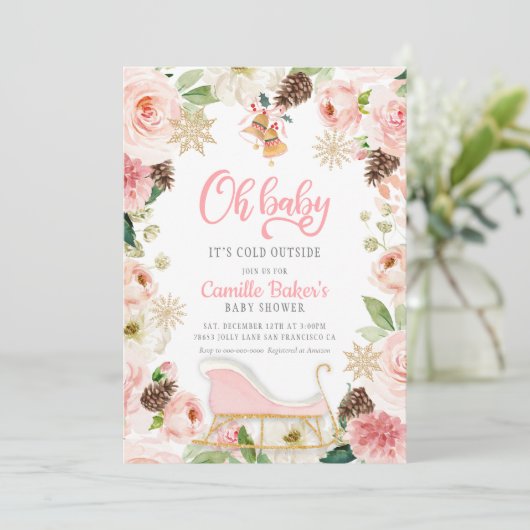 Oh Baby Winter Pink Girl Baby shower Kaart (Staand voorkant)