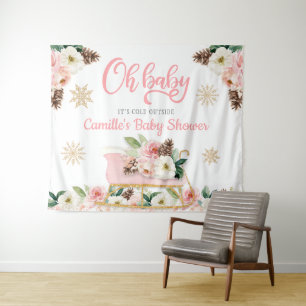 Oh Baby Winter Roze Bloemige Baby Shower Achtergro Wandkleed