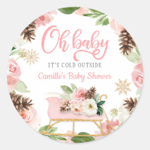 Oh Baby Winter Roze Meisje Baby Shower Favor Ronde Sticker