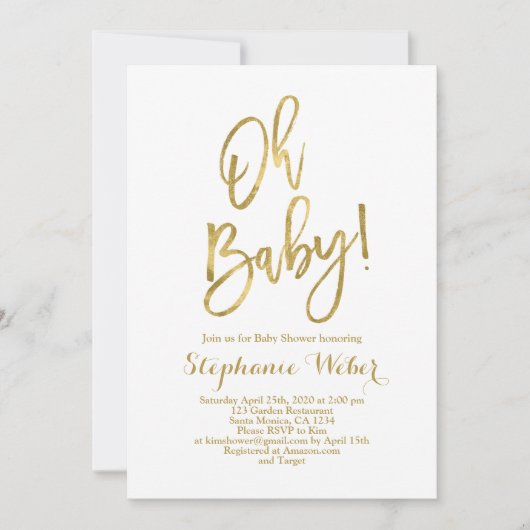 Oh Baby wit en goud baby shower Invitation Kaart (Voorkant)