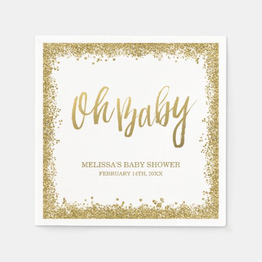 Oh Baby Wit Goud Faux Glitter Baby shower Servetten (Voorkant)