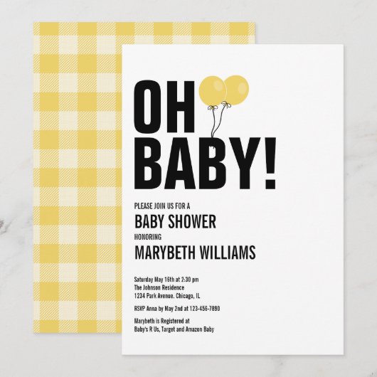 Oh Baby Yellow Ballon Baby shower Party card Kaart (Voorkant / Achterkant)