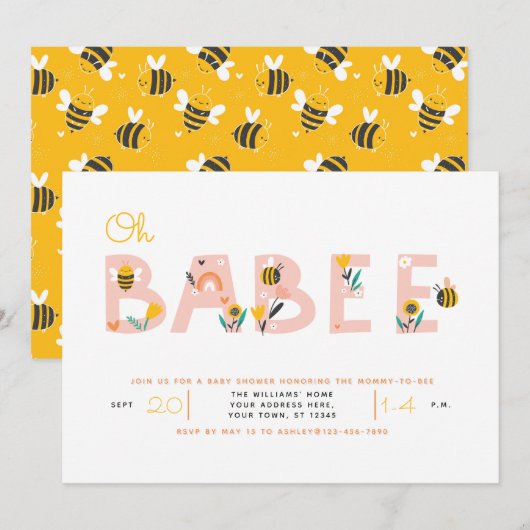 Oh Baby Yellow Bee Baby shower Invitation Kaart (Voorkant / Achterkant)