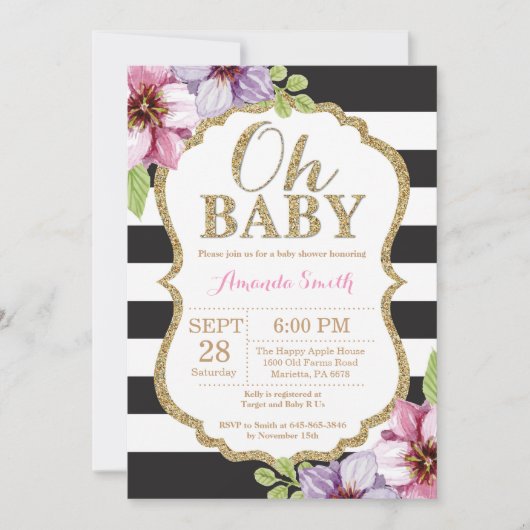 Oh Baby Zwart en Goud Baby Shower Uitnodiging (Voorkant)