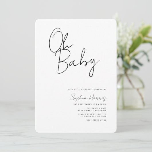 Oh Baby zwart en wit minimalistisch Baby shower Kaart (Staand voorkant)
