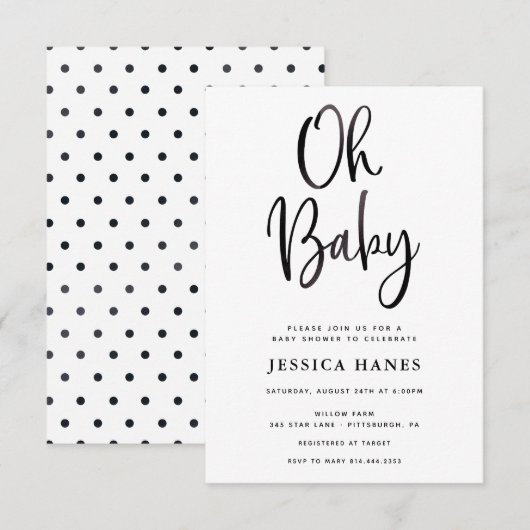 Oh Baby Zwart Folie Baby shower Uitnodiging (Voorkant / Achterkant)