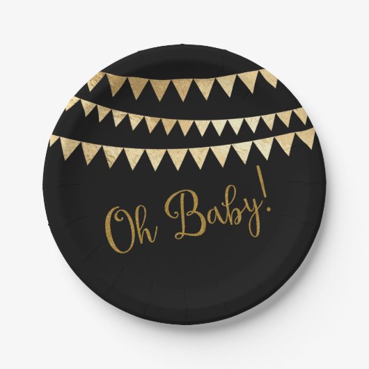Oh Baby Zwart Goud Baby shower Papieren Bordje (Voorkant)