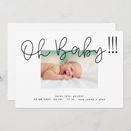 Oh Baby zwart op witte moderne Funky Fun Baby Aankondiging (Voorkant / Achterkant)