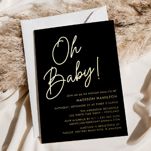 Oh Baby Zwarte en Gouden Script Baby Shower Folie Uitnodiging