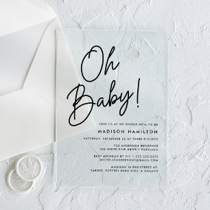 Oh Baby Zwarte Script Minimalistische Baby Shower Acryl Uitnodigingen
