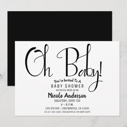 Oh Baby Zwarte Script Moderne Minimale Shower Fees Kaart (Voorkant / Achterkant)