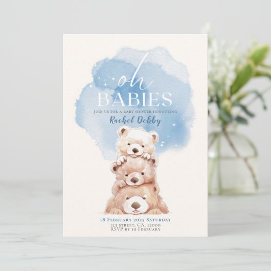 Oh Baby's Beer Baby shower Uitnodiging blauw tripl (Staand voorkant)