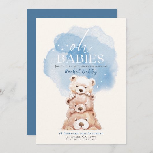 Oh Baby's Beer Baby shower Uitnodiging blauw tripl (Voorkant / Achterkant)