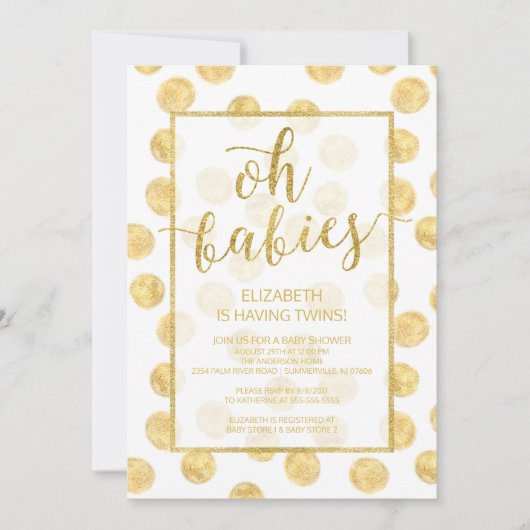 Oh baby's! Gold Stippen Twins Baby shower Invitati Kaart (Voorkant)