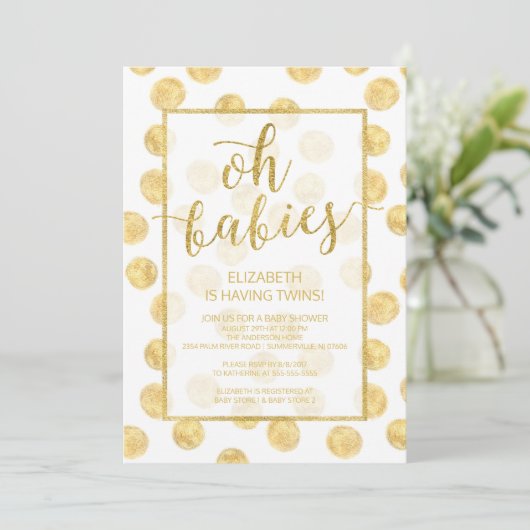 Oh baby's! Gold Stippen Twins Baby shower Invitati Kaart (Staand voorkant)