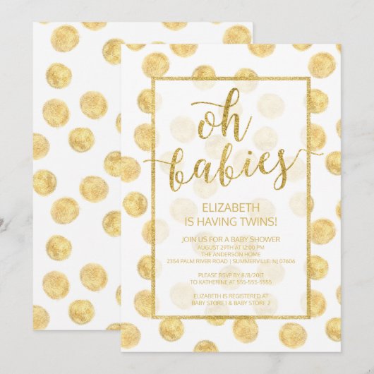 Oh baby's! Gold Stippen Twins Baby shower Invitati Kaart (Voorkant / Achterkant)